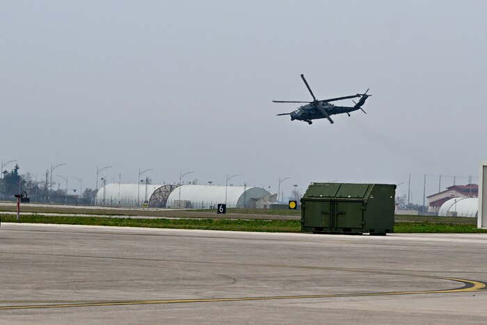 An HH60-G Pave Hawk carrying retired Gen. David L. Goldfein, 21st Chief of Staff of the Air Force, and his wife, Dawn, takes off.