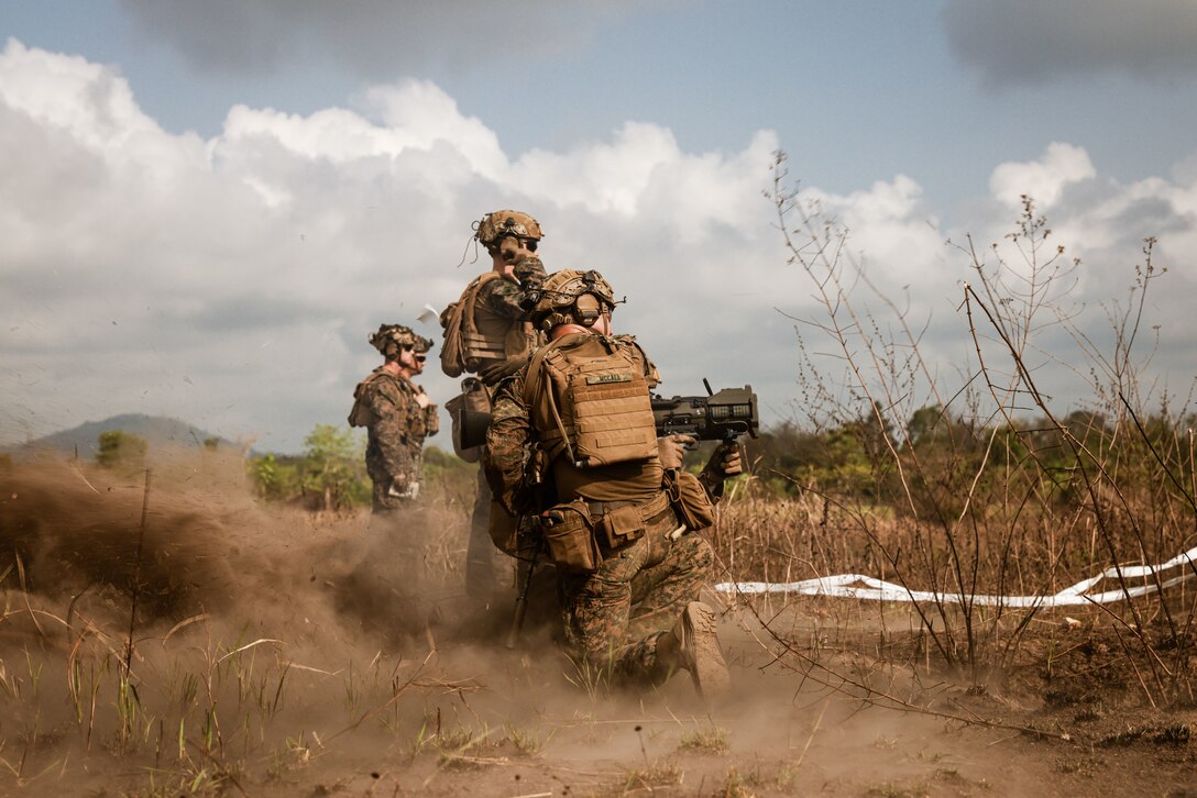 U.S. Marines assigned to Weapons Company, Battalion Landing Team 1/5, 15th Marine Expeditionary Unit, fire an M3E1 multi-role anti-armor anti-personnel weapons system at simulated targets during a live-fire range as part of Exercise Cobra Gold in Chanthaburi province, Thailand, March 5, 2024. Cobra Gold, now in its 43rd iteration, demonstrates ongoing readiness to operate throughout the region in support of allies and partners to ensure a free and open Indo-Pacific. (U.S. Marine Corps photo by Cpl. Aidan Hekker)
