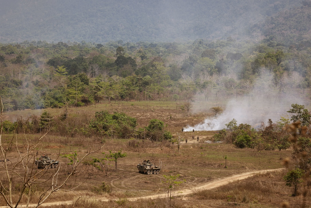 U.S. Marines assigned to Light Armored Reconnaissance Company, Battalion Landing Team 1/5, 15th Marine Expeditionary Unit, engage a simulated enemy objective during a combined arms live-fire exercise at Exercise Cobra Gold in Chanthaburi province, Thailand, March 8, 2024. Cobra Gold, now in its 43rd year, is a Thai-U.S. co-sponsored training event that builds on the long-standing friendship between the two allied nations and brings together a robust multinational force to promote regional peace and security in support of a free and open Indo-Pacific. (U.S. Marine Corps photo by Cpl. Aidan Hekker)