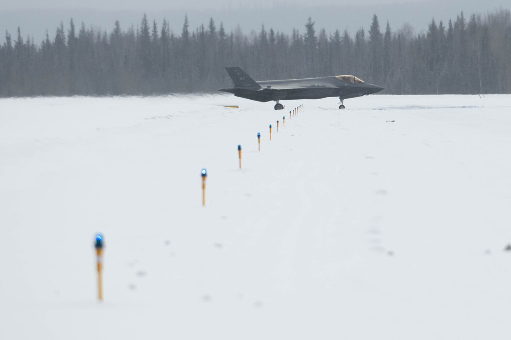 An F-35A Lightning II taxis on the flightline for a routine training at Eielson Air Force Base, Alaska, March 14, 2024.