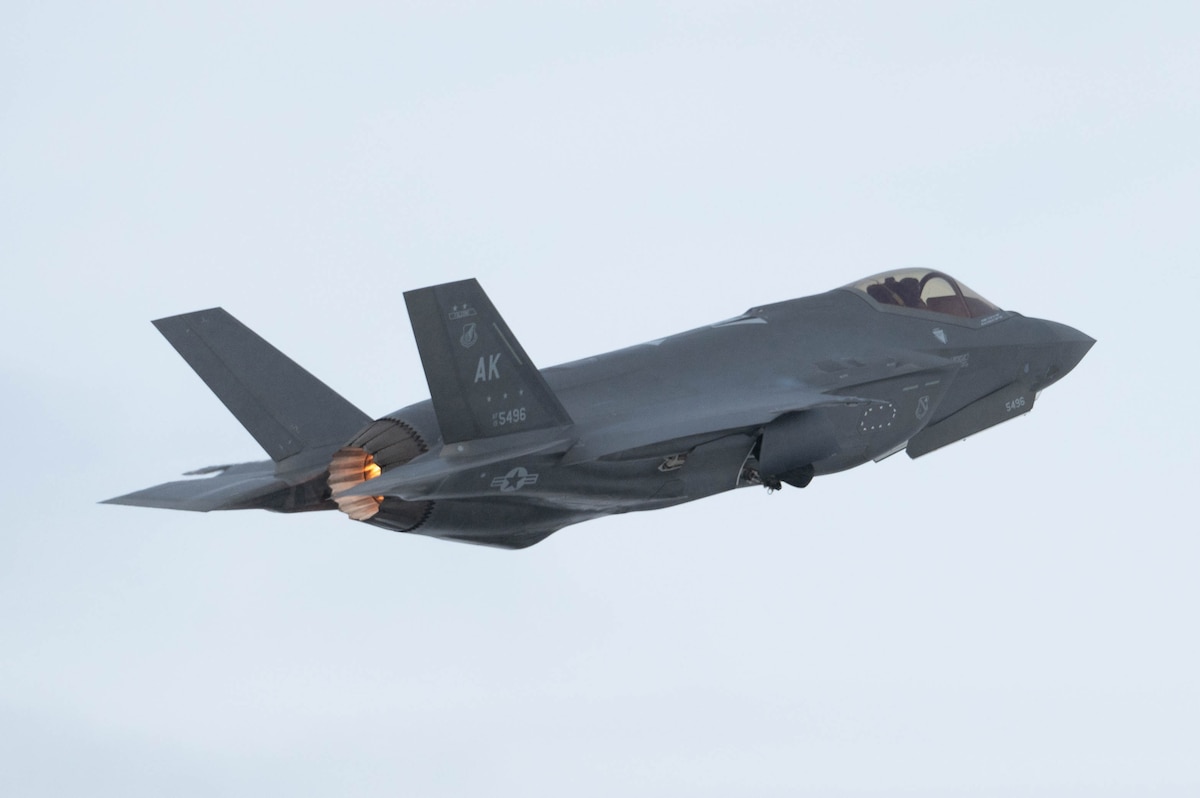 An F-35A Lightning II takes off for a routine training at Eielson Air Force Base, Alaska, March 14, 2024.