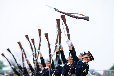 Soldiers dressed in dark ceremonial uniforms (dark coats with gold buttons, dark wheel hats and white gloves) are tossing rifles into the air. The rifles have silver bayonets affixed.