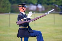 A soldier wearing a dark ceremonial uniform (dark jacket with gold buttons, royal blue pants with a gold stripe down the leg, and a dark wheel hat with gold trim, and white gloves) is tossing a brown rifle in front of his body on a green lawn.