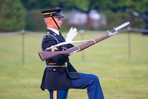 A soldier wearing a dark ceremonial uniform (dark jacket with gold buttons, royal blue pants with a gold stripe down the leg, and a dark wheel hat with gold trim, and white gloves) is tossing a brown rifle in front of his body on a green lawn.