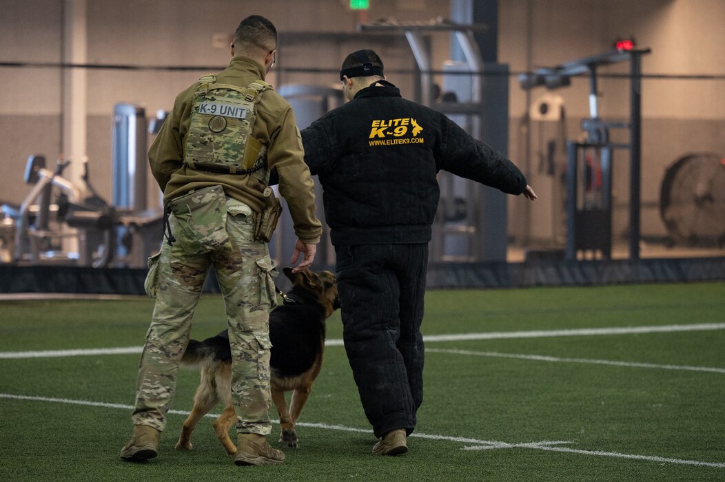 Military working dog handlers demonstrate procedures with military working dog Kiko.