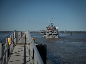 U.S. Army landing craft utility from the 7th Transportation Battalion go underway to Gaza for humanitarian aid efforts at Joint Base Langley-Eustis, V.A., March 12, 2024. The Army’s LCU’s and logistics support vessels provide ship to shore supply deployment capabilities through their Trident Pier and Modular Causeway System. (U.S. Air Force photo by Senior Airman Jack LeGrand)