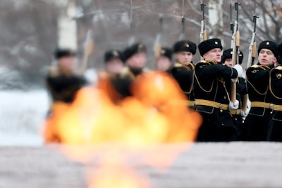 Russian guards marching in a ceremony marking Defender of the Fatherland Day, Moscow, Russia, February 2024