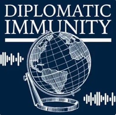 Diplomatic Immunity podcast logo. Blue backgrund with sketched globe.