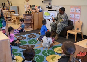 Space Launch Delta 30 senior enlisted leader, celebrates Read Across America by reading a book to children at the Child Development Center on Vandenberg Space Force Base.