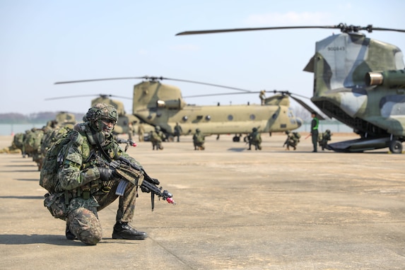 Republic of Korea army Soldiers, 2nd Rapid Response Division, perform combat land maneuvers during a combined air and ground assault training exercise for Freedom Shield 24, March 13, 2024, at the Korea Combined Training Center in South Korea. An annual event, FS24, provides a rigorous environment to enhance readiness, interoperability, and response capabilities in realistic scenarios. (U.S. Army photo by KPfc. Lee, Hyun Bin)