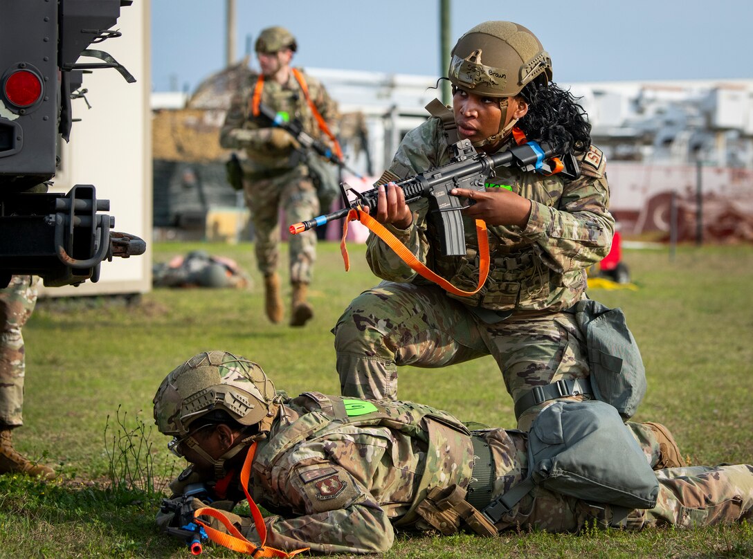Staff Sgt. Shakeyla Brown, 96th Security Forces Squadron, looks for an attacker