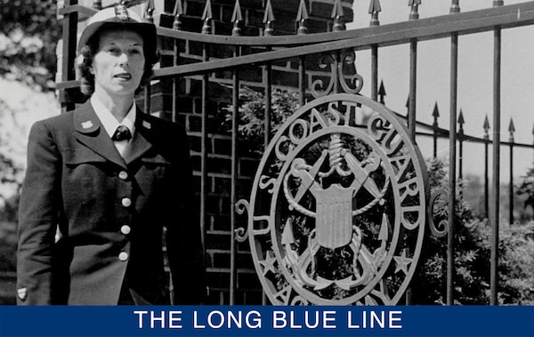 Edith Munro in her dress blue uniform strolling the grounds at the U.S. Coast Guard Academy. (U.S. Coast Guard)