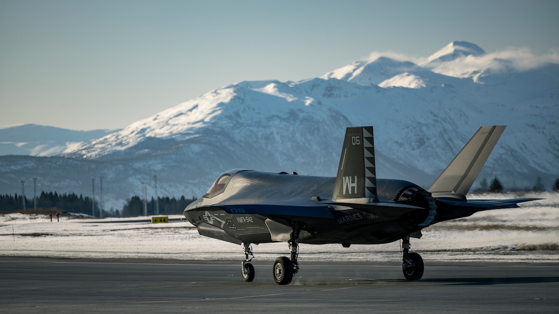 U.S. Marines with Marine Fighter Attack Squadron (VMFA) 542, 2nd Marine Aircraft Wing, land during a media day after routine flight operations during Exercise Nordic Response 24 in Evenes, Norway, March 7, 2024. Exercise Nordic Response 24 is designed to enhance military capabilities and allied cooperation in high-intensity warfighting scenarios under challenging arctic conditions, while providing U.S. Marines unique opportunities to train alongside NATO allies and partners. (U.S. Marine Corps photo by Warrant Officer Akeel Austin)