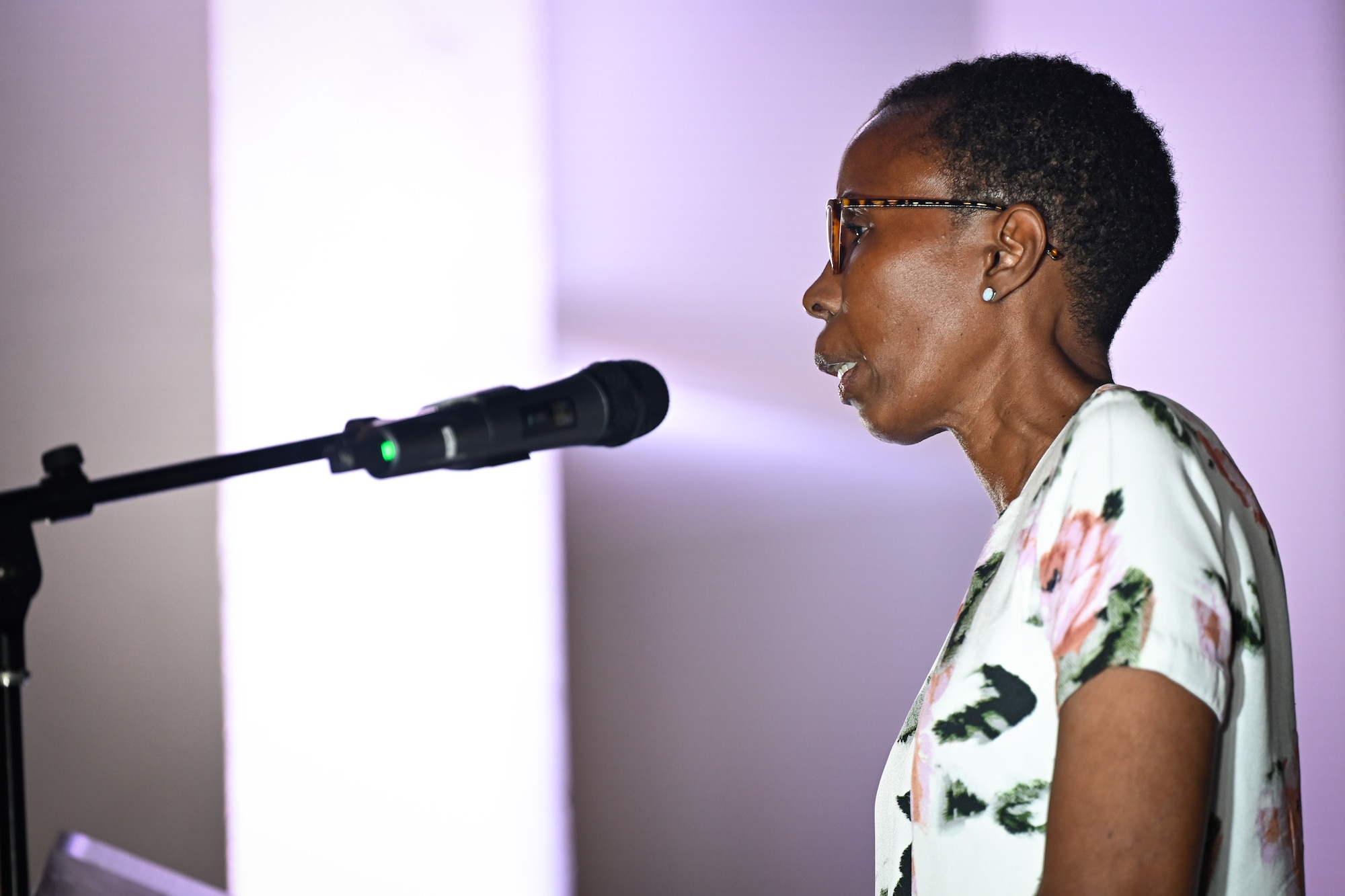 Dr. Arlette Charles, Owen King European Union Hospital chief of surgery, gives remarks during the closing ceremony for the Lesser Antilles Medical Assistance Team mission in Castries, St. Lucia, March 6, 2024. The team successfully performed 50 surgeries while providing valuable best practices to host nation medical personnel, enabling local facilities to build greater vascular surgery capacity for patients. (U.S. Air Force photo by Staff Sgt. Madeline Herzog)