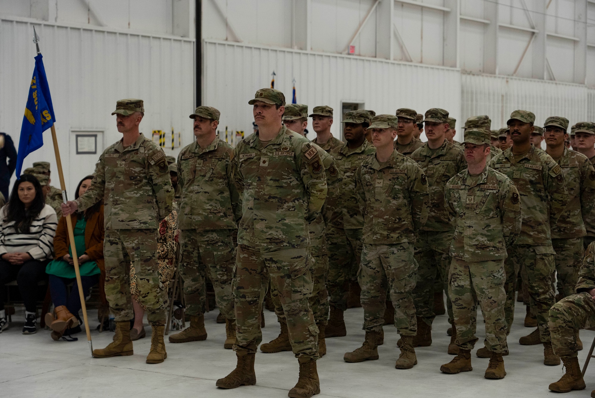 Members of the 27th Special Operations Aircraft Maintenance Squadron stand in formation as they are redesignated to the 16th Special Operations Aircraft Maintenance Squadron at Cannon Air Force Base, N.M., March 15, 2024. The redesignation was enacted to better align the unit with its identity and mission: to develop elite maintainers ready to generate safe, reliable aircraft to execute special operations missions. (U.S. Air Force photo by Staff Sgt. Nicholas Swift)