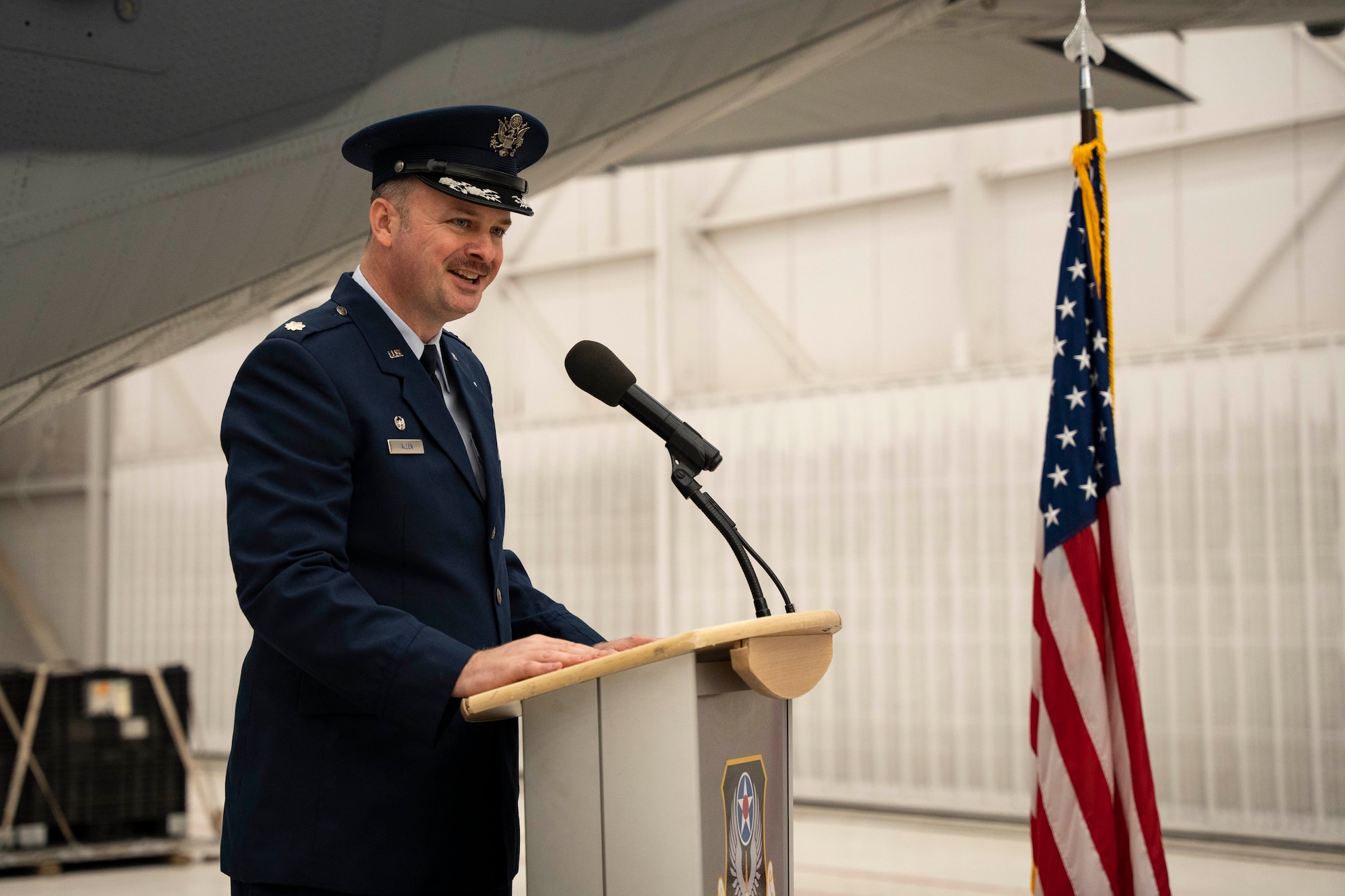 U.S. Air Force Lt. Col. Sean Allen, 16th Special Operations Aircraft Maintenance Squadron commander, provides closing remarks at the 27th Special Operations Aircraft Maintenance Squadron redesignation ceremony at Cannon Air Force Base, N.M., March 15, 2024. The 16th SOAMXS will organize, train and equip maintenance personnel to generate AC-130J Ghostrider gunship sorties supporting close air support, precision strike and air interdiction operations globally. (U.S. Air Force photo by Airman 1st Class Tori Shearn)