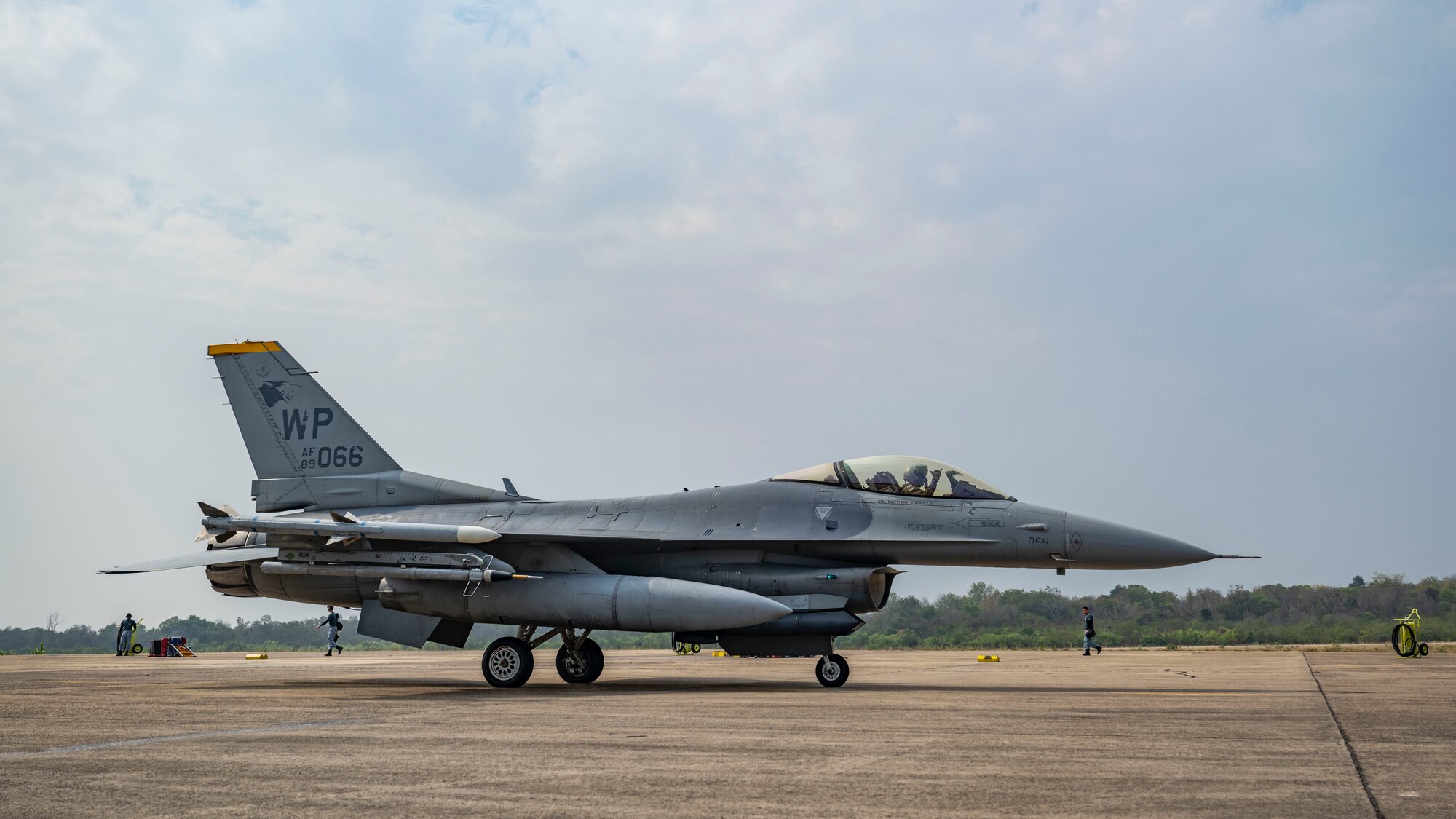 An F-16 Fighting Falcon taxis out for a routine training flight ahead of for Cope Tiger 24
