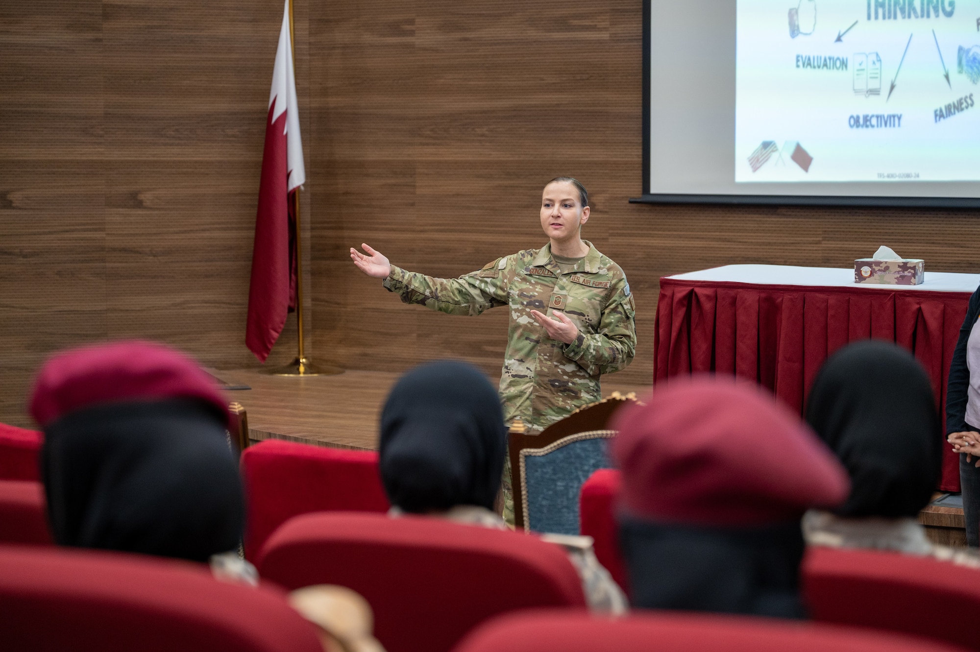 A U.S. Air Force Senior Master Sgt. Angela Gonzales, 379th Expeditionary Air Base Group first sergeant speaks to Qatari females in Doha, Qatar, Feb. 29, 2024. U.S and Qatari Service members attended a bilateral Women, Peace and Security Leadership Seminar for the first time in Doha, Qatar, Feb. 25-29. The seminar included over 60 women from the U.S and Qatari Military Police, Qatar Emiri Air Force and civil service, spanning over five days focusing on a wide-range of leadership topics. (U.S. Air Force Photo)