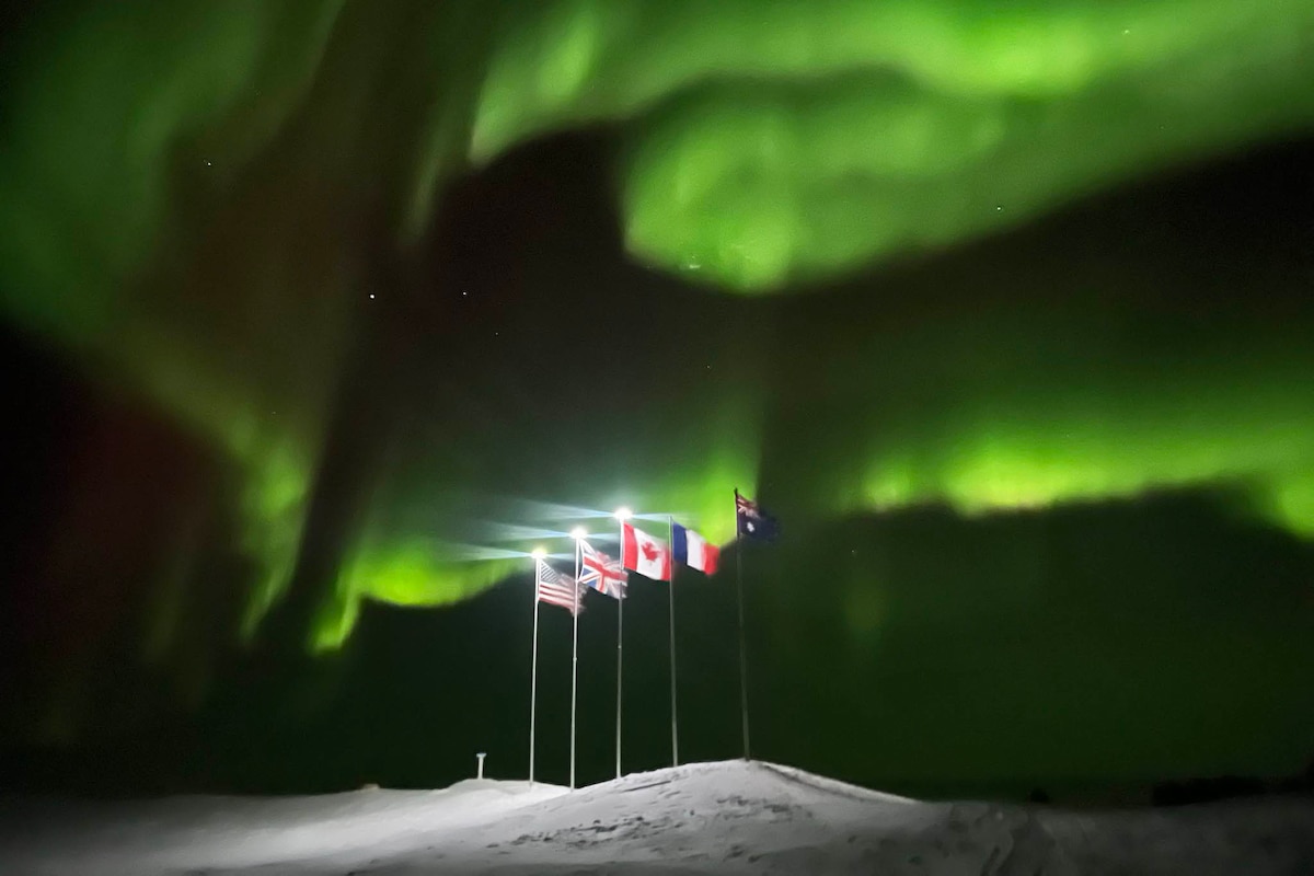 The northern lights appear over Ice Camp Whale during Operation Ice Camp 2024 in the Beaufort Sea, March 7, 2024. The three-week event focuses on researching, testing and evaluating operational capabilities in the Arctic region. Previously called Ice Exercise, its elevation to an operation in 2024 reflects the Navy’s prioritization of the region.