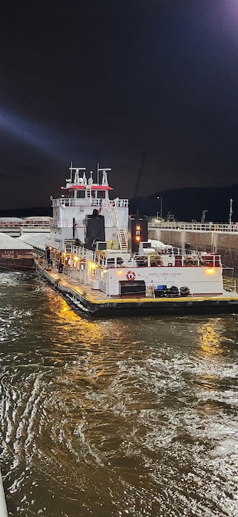 Towboat at night in Lock and Dam 2