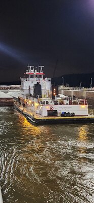 Towboat at night in Lock and Dam 2