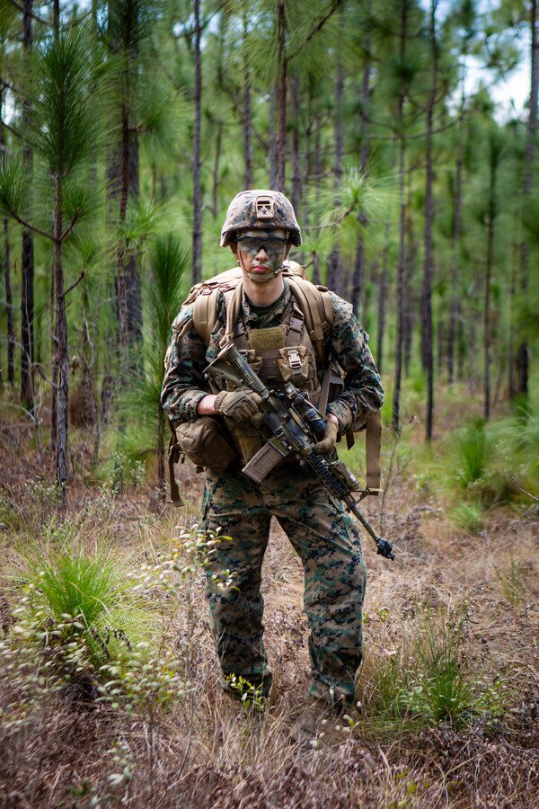 U.S. Marine Corps Pfc Sean Aleksiewicz, a grenadier with 4th Light Armored Reconnaissance Battalion, 4th Marine Division (MARDIV), Marine Forces Reserve, poses for a photo during the 4th MARDIV Rifle Squad Competition on Marine Corps Base (MCB) Camp Lejeune, North Carolina, March 8, 2024. The three-day event tested the Marines across a variety of infantry skills to determine the most combat effective rifle squad within the 4th MARDIV. MCB Camp Lejeune training facilities allow warfighters to be ready today and prepare for tomorrow’s fight. (U.S. Marine Corps Photo by Lance Cpl. Daniela Chicas Torres)