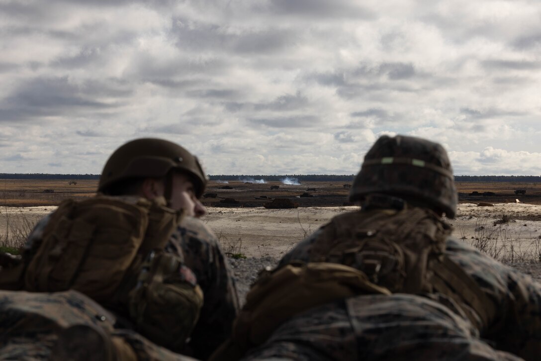 U.S. Marines with Golf Company, 2nd Battalion, 23rd Marine Regiment, 4th Marine Division (MARDIV), Marine Forces Reserve, conduct a call for mortar fire during the 4th MARDIV Rifle Squad Competition on Marine Corps Base (MCB) Camp Lejeune, North Carolina, March 8, 2024. The three-day event tested the Marines across a variety of infantry skills to determine the most combat effective rifle squad within the 4th MARDIV. MCB Camp Lejeune training facilities allow warfighters to be ready today and prepare for tomorrow’s fight. (U.S. Marine Corps Photo by Cpl. Antonino Mazzamuto)