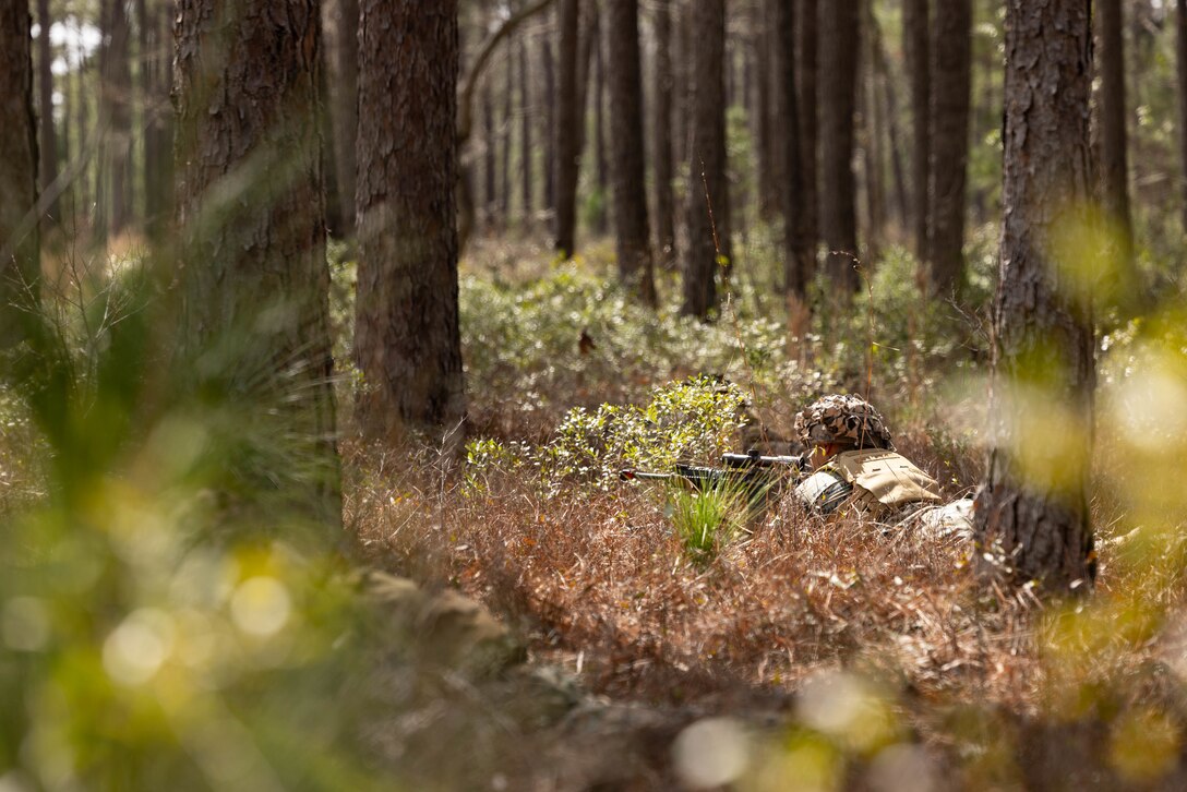 A U.S. Marine with Golf Company, 2nd Battalion, 23rd Marine Regiment, 4th Marine Division (MARDIV), Marine Forces Reserve, sights in during a patrol as part of the 4th MARDIV Rifle Squad Competition on Marine Corps Base (MCB) Camp Lejeune, North Carolina, March 8, 2024. The three-day event tested the Marines across a variety of infantry skills to determine the most combat effective rifle squad within the 4th MARDIV. MCB Camp Lejeune training facilities allow warfighters to be ready today and prepare for tomorrow’s fight. (U.S. Marine Corps Photo by Cpl. Antonino Mazzamuto)