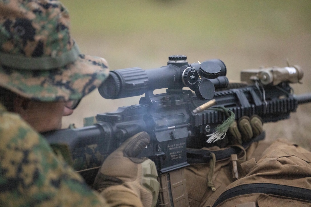U.S. Marine Corps Cpl. Joshua Juni, a squad leader with Golf Company, 2nd Battalion, 23rd Marine Regiment, 4th Marine Division (MARDIV), Marine Forces Reserve, zeroes his rifle during the 4th MARDIV Rifle Squad Competition on Marine Corps Base (MCB) Camp Lejeune, North Carolina, March 8, 2024. The three-day event tested the Marines across a variety of infantry skills to determine the most combat effective rifle squad within the 4th MARDIV. MCB Camp Lejeune training facilities allow warfighters to be ready today and prepare for tomorrow’s fight. (U.S. Marine Corps Photo by Cpl. Antonino Mazzamuto)