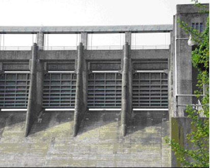 Detail of crest gates and gate piers, north elevation of Bluestone Dam