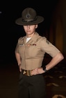 U.S. Marine Corps Sgt. Yulia Khandryka, a drill instructor with Receiving Company, Support Training Battalion, poses for a portrait before receiving recruits at Marine Corps Recruit Depot San Diego, California, March 11, 2024. During the receiving process drill instructors are responsible for ensuring recruits are checked for contraband, given haircuts, make a phone call home, and are issued the gear necessary for training. (U.S. Marine Corps photo by Sgt. Yvonna Guyette)