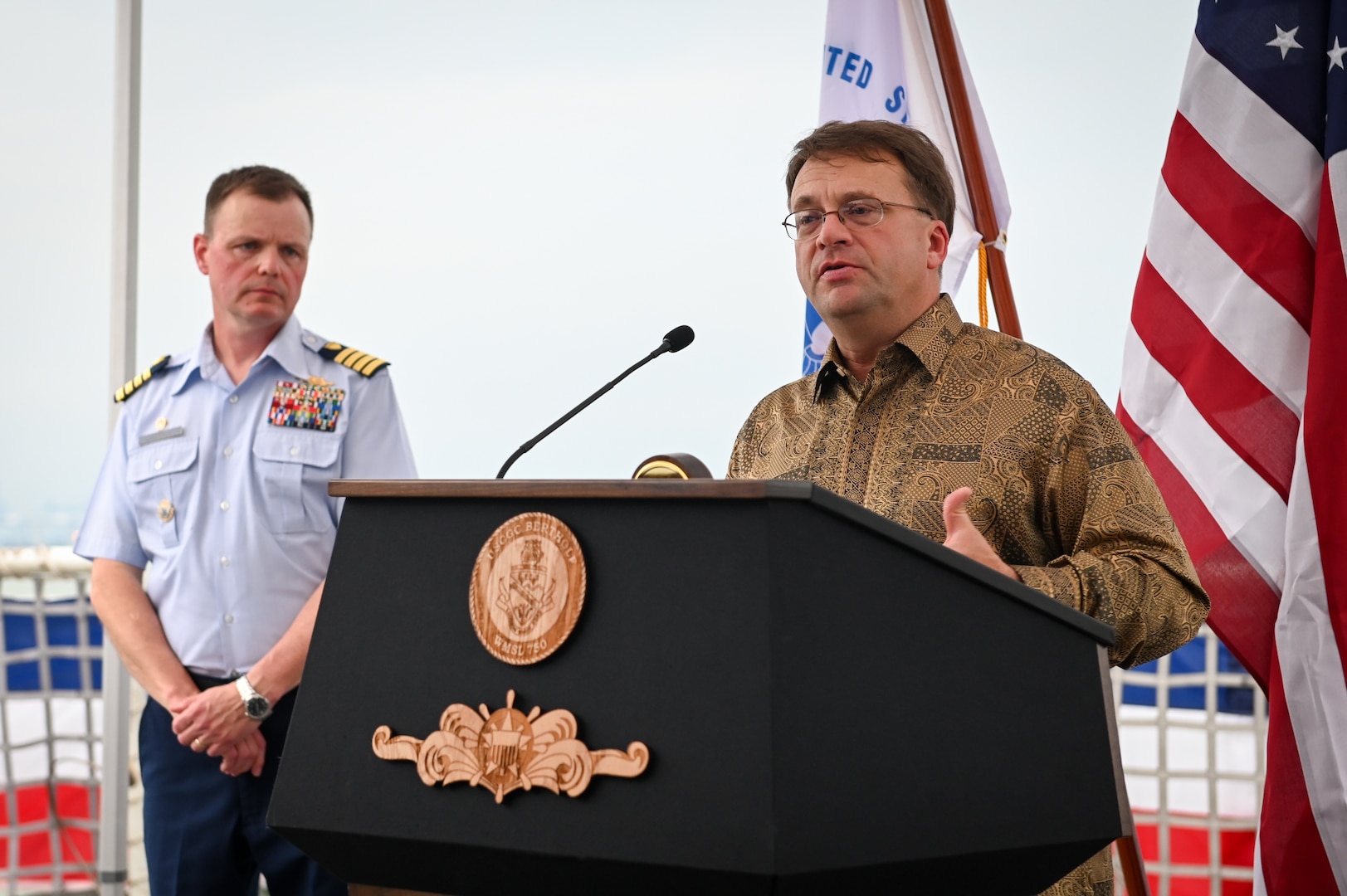 Edgard D. Kagan, U.S. Ambassador-designate to Malaysia, speaks to the crowd aboard U.S. Coast Guard Cutter Bertholf (WMSL 750) during a U.S. Embassy Reception the crew of the Bertholf hosted while moored at Port Klang, Malaysia, March 2, 2024. The Ambassador has been in office since Dec. 19, 2023. (U.S. Coast Guard photo by Petty Officer Steve Strohmaier)
