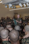 U.S. Marine Corps Sgt. Triston Taylor, a drill instructor with Support Battalion, Recruit Training Regiment, instructs recruits with Fox Company, 2nd Recruit Training Battalion, during the first of three casualty care classes held at Marine Corps Recruit Depot San Diego, California, March 14, 2024. Recruits receive three different periods of instruction on casualty care and the importance of ensuring the appropriate medical care is given at the correct time and place when necessary. (U.S. Marine Corps photo by Sgt. Jesse K. Carter-Powell)
