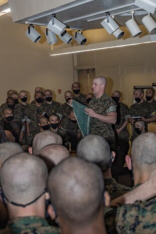 U.S. Marine Corps Sgt. Triston Taylor, a drill instructor with Support Battalion, Recruit Training Regiment, instructs recruits with Fox Company, 2nd Recruit Training Battalion, during the first of three casualty care classes held at Marine Corps Recruit Depot San Diego, California, March 14, 2024. Recruits receive three different periods of instruction on casualty care and the importance of ensuring the appropriate medical care is given at the correct time and place when necessary. (U.S. Marine Corps photo by Sgt. Jesse K. Carter-Powell)