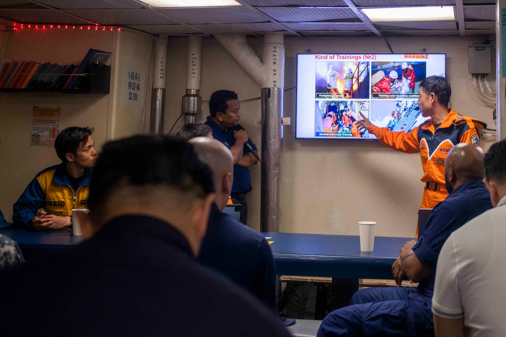 Members of the Japanese Coast Guard give training to members of the Republic of Singapore Navy, members of the Singapore Police Coast Guard, members of the Malaysia Maritime Enforcement Agency, and Sailors onboard U.S. Coast Guard Cutter Bertholf (WMSL 750), March 3. Bertholf was in Malaysia for a multiple day engagement to engage in professional subject matter exchanges with regional partners and allies and will patrol and operate as directed during their Western Pacific deployment. (U.S. Navy photo taken by Mass Communication Specialist 3rd Class Charlotte Duran)