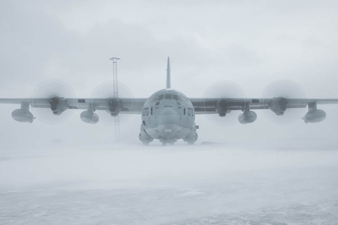 U.S. Marine Corps pilots with Marine Aerial Refueler Transport Squadron (VMGR) 252, 2nd Marine Aircraft Wing, prepare to taxi a KC-130J Super Hercules as they self-redeploy to Marine Corps Air Station Cherry Point, North Carolina, after the conclusion of Exercise Nordic Response 24 at Andenes, Norway, March 16, 2024. Exercise Nordic Response is designed to enhance military capabilities and allied cooperation in high-intensity warfighting scenarios under challenging arctic conditions, while providing U.S. Marines unique opportunities to train alongside NATO allies and partners.