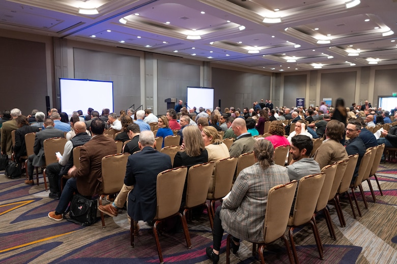 Attendees of the Sacramento District annual Business Opportunity Open House (BOOH) view a presentation regarding information about the District in Sacramento, California on March 5, 2024.