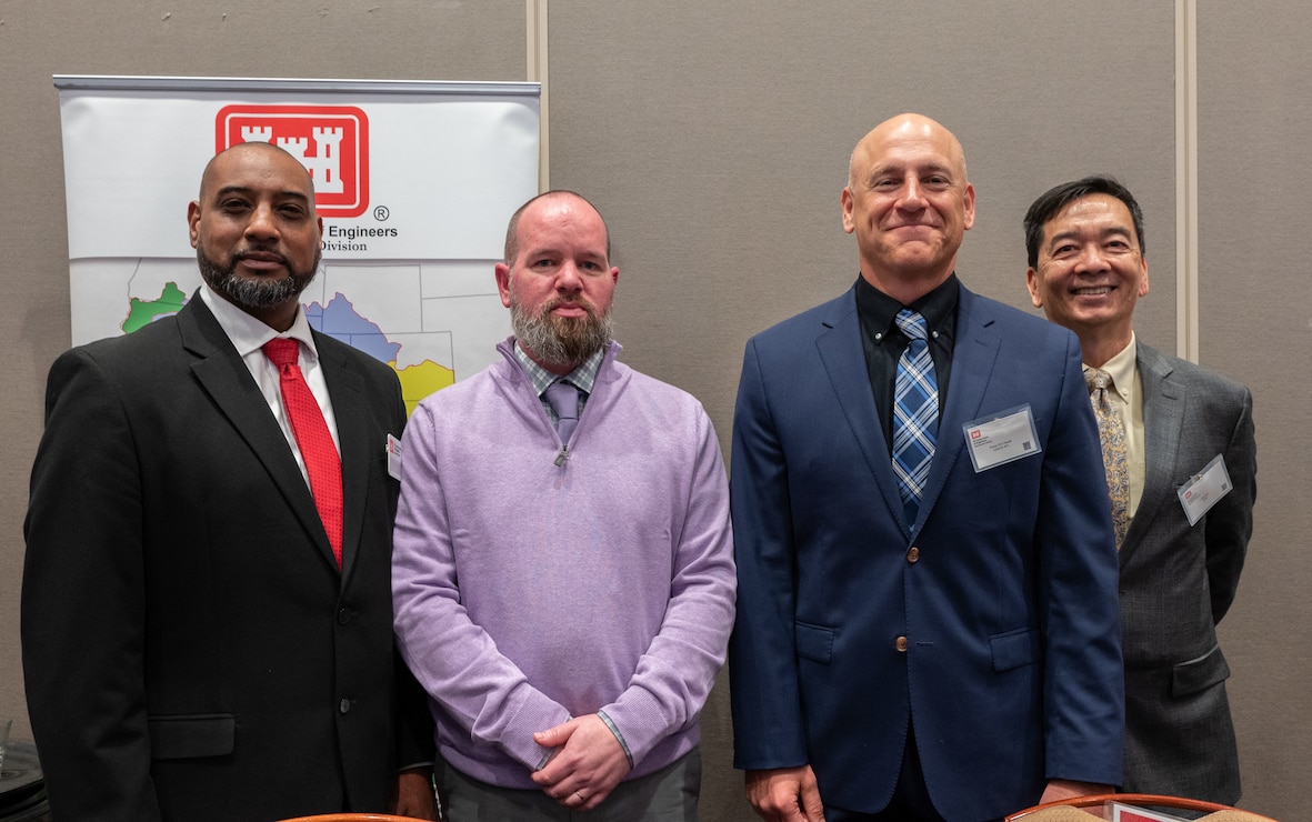 (From L-R) USACE Sacramento District Small Business Deputy, Vernon A. Simpkins, USACE Sacramento District Small Business Acting Chief, Dennis Wagner, USACE Los Angeles District Small Business Deputy, Prisco Ravelli and USACE South Pacific Division Small Business Assistant Director, Jack May pose for a photo at the annual Business Opportunity Open House (BOOH) in Sacramento, California on March 5, 2024.