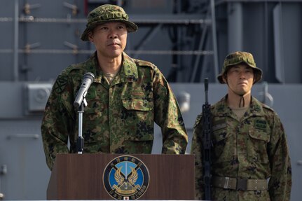 Japan Ground Self-Defense Force Maj. Gen. Hajime Kitajima, the commanding general of Amphibious Rapid Deployment Brigade speaks during the Iron Fist 24 closing ceremony aboard the Osumi-class tank landing ship JS Kunisaki (LST-4003) in Okinawa, Japan, Mar. 17, 2024. The closing ceremony concluded training between the armed forces and awarded servicemembers for outstanding performance during Iron Fist 24. Iron Fist is an annual bilateral exercise designed to increase interoperability and strengthen the relationships between the U.S. Marine Corps, the U.S. Navy, the Japanese Ground Self-Defense Force, and the Japanese Maritime Self-Defense Force. (U.S. Marine Corps photo by Cpl. Juan K. Maldonado)