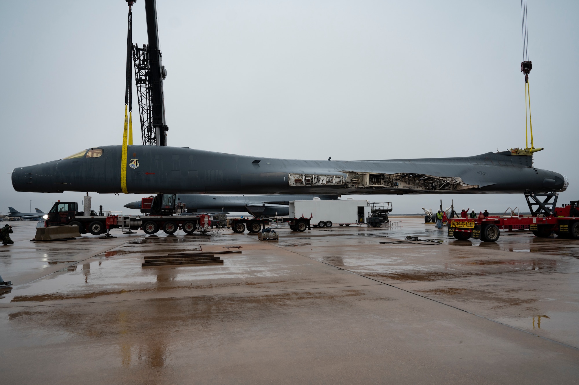 A B-1B Lancer from the 498th Bomb Group prepares to be transported at Dyess Air Force Base, Texas, Jan. 23, 2024. The fuselage was recently transported to the National Institute for Aviation Research at Wichita State University in Kansas to facilitate the forward intermediate fuselage super panel prototype. (U.S. Air Force photo by Airman 1st Class Emma Anderson)