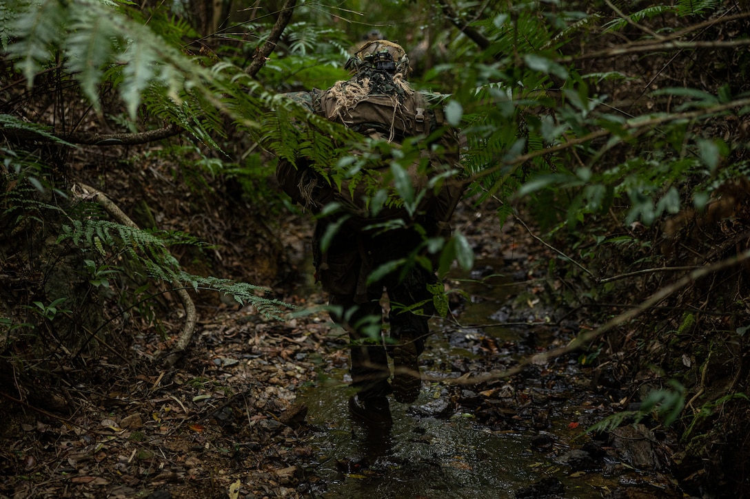 A U.S. Marine patrols during the 3d Marine Division Squad Competition at Camp Hansen, Okinawa, Japan, Jan. 23, 2024. The competition tested the Marines across various combat-related tasks to evaluate each squad's tactical proficiency, mental and physical endurance, and decision-making skills to determine the Division's most proficient and capable rifle squad. The Marines are with 2d Battalion, 2d Marine Regiment. 2/2 is forward deployed in the Indo-Pacific under 4th Marine Regiment, 3d Marine Division as part of the Unit Deployment Program. (U.S. Marine Corps photo by Cpl. Eduardo Delatorre)