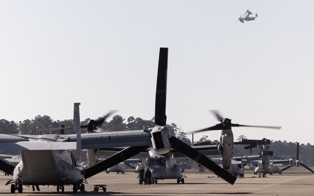 A U.S. Marine Corps MV-22 Osprey with Marine Medium Tiltrotor Squadron 365 (Reinforced), 24th Marine Expeditionary Unit (MEU), conducts its initial return to flight on Marine Corps Air Station New River, North Carolina, March 14, 2024. This initial flight is part of our Aviation Combat Element’s deliberate and methodical approach to returning their MV-22’s to full operational capacity. The MV-22 Osprey’s revolutionary capability is a cornerstone of the 24th MEU Marine Air Ground Task Force, enhancing the MEU’s ability to conduct assault support operations and overall maneuverability across a range of military operations. (U.S. Marine Corps photo by Lance Cpl. Ryan Ramsammy)