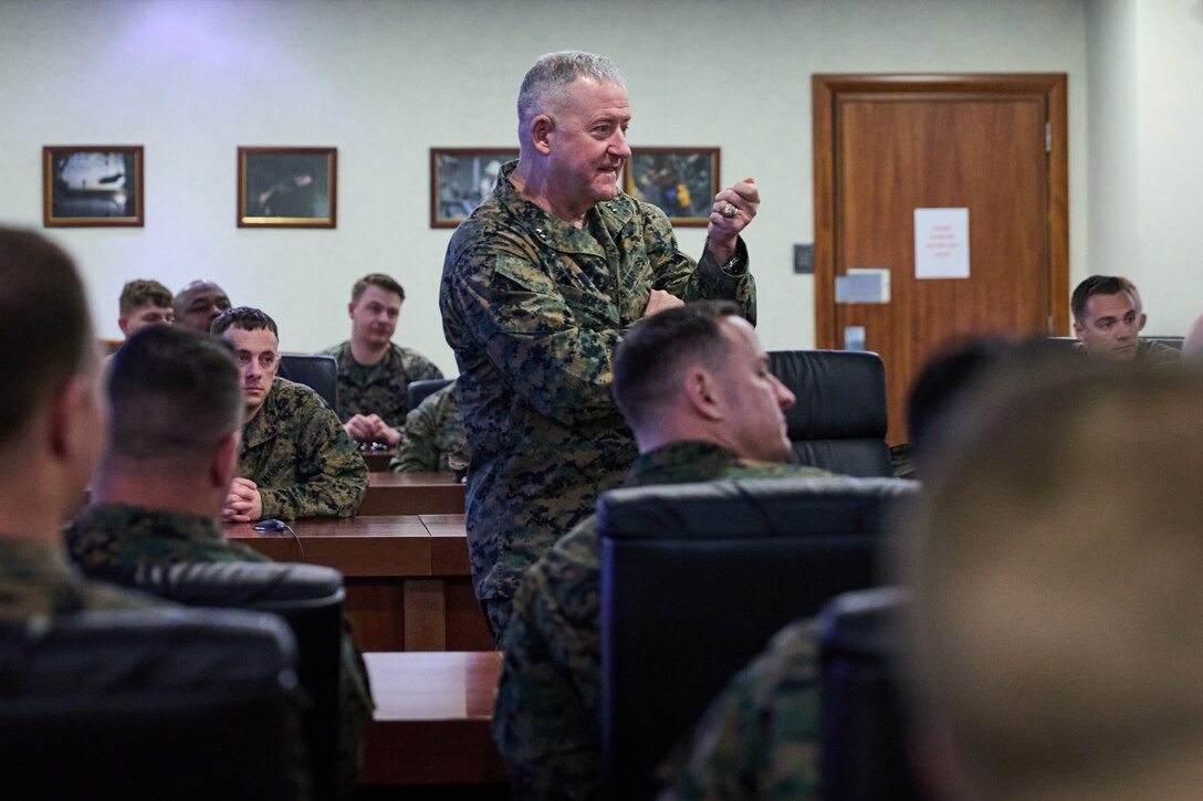 U.S. Marines Corps Maj. Gen. Robert B. Sofge Jr., commander of U.S. Marine Corps Forces Europe and Africa, speaks to Marines and Sailors that participated in exercise Austere Challenge 24 (AC24) at the U.S. Naval Forces Europe-Africa Headquarters in Naples, Italy, on March 15, 2024. AC24 is a training exercise conducted by U.S. Marines and Sailors focused on enhancing interoperability and readiness in challenging and austere operational environments. The exercise involves various scenarios such as crisis response and multinational peacekeeping operations to better prepare U.S. forces. (U.S. Marine Corps photo by Lance Cpl. Mary Linniman)