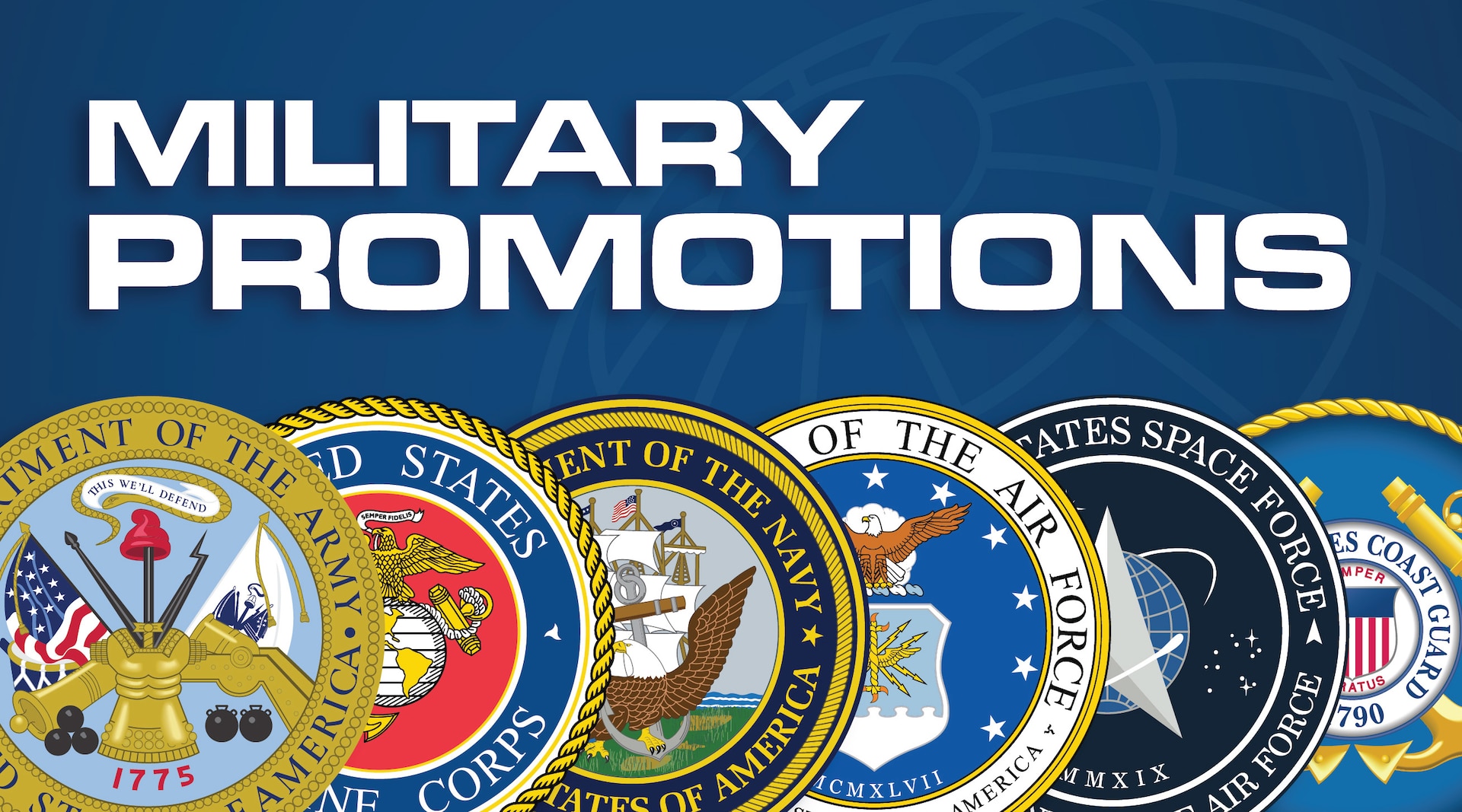 A blue background with the U.S. military seals aligned along the bottom of the graphic.
