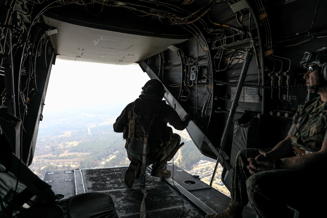 U.S. Marines with the 24th Marine Expeditionary Unit (MEU) and Marine Aircraft Group 26 ride aboard an MV-22 Osprey with Marine Medium Tiltrotor Squadron 365 (Reinforced), 24th MEU for its initial return to flight on Marine Corps Air Station New River, North Carolina, March 14, 2024. This initial flight is part of our Aviation Combat Element’s deliberate and methodical approach to returning their MV-22’s to full operational capacity. The MV-22 Osprey’s revolutionary capability is a cornerstone of the 24th MEU Marine Air Ground Task Force, enhancing the MEU’s ability to conduct assault support operations

and overall maneuverability across a range of military operations. (U.S. Marine Corps photo by Sgt. Jacqueline Peguero-Montes)
