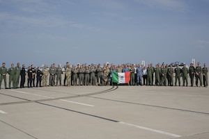 The Mexican Air Force and U.S. Air Force Airmen pose for a group photo at Laughlin Air Force Base, Texas, March 6, 2024.