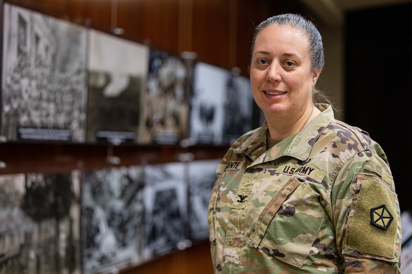 Posed photo of Col. Bonnie Clemente, the director of HR, in the V Corps headquarters, March 8, 2024. Clemente leads a team of 24 Soldiers and civilians in providing personnel support to all V Corps military personnel, Department of the Army civilians and Family members.  (U.S. Army photo by Sgt. Javen Owens)