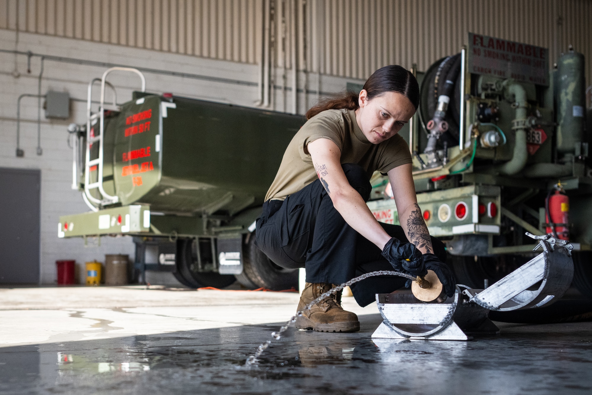 The test certifies the 6th LRS POL flight’s capability to perform hot pit refueling with their R-12 refueling truck. (U.S. Air Force photo by Senior Airman Zachary Foster)
