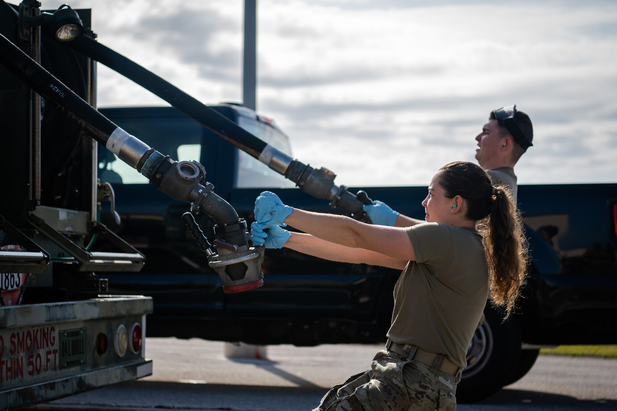 The test certifies the 6th LRS POL flight’s capability to perform hot pit refueling with their R-12 refueling truck. (U.S. Air Force photo by Senior Airman Zachary Foster)
