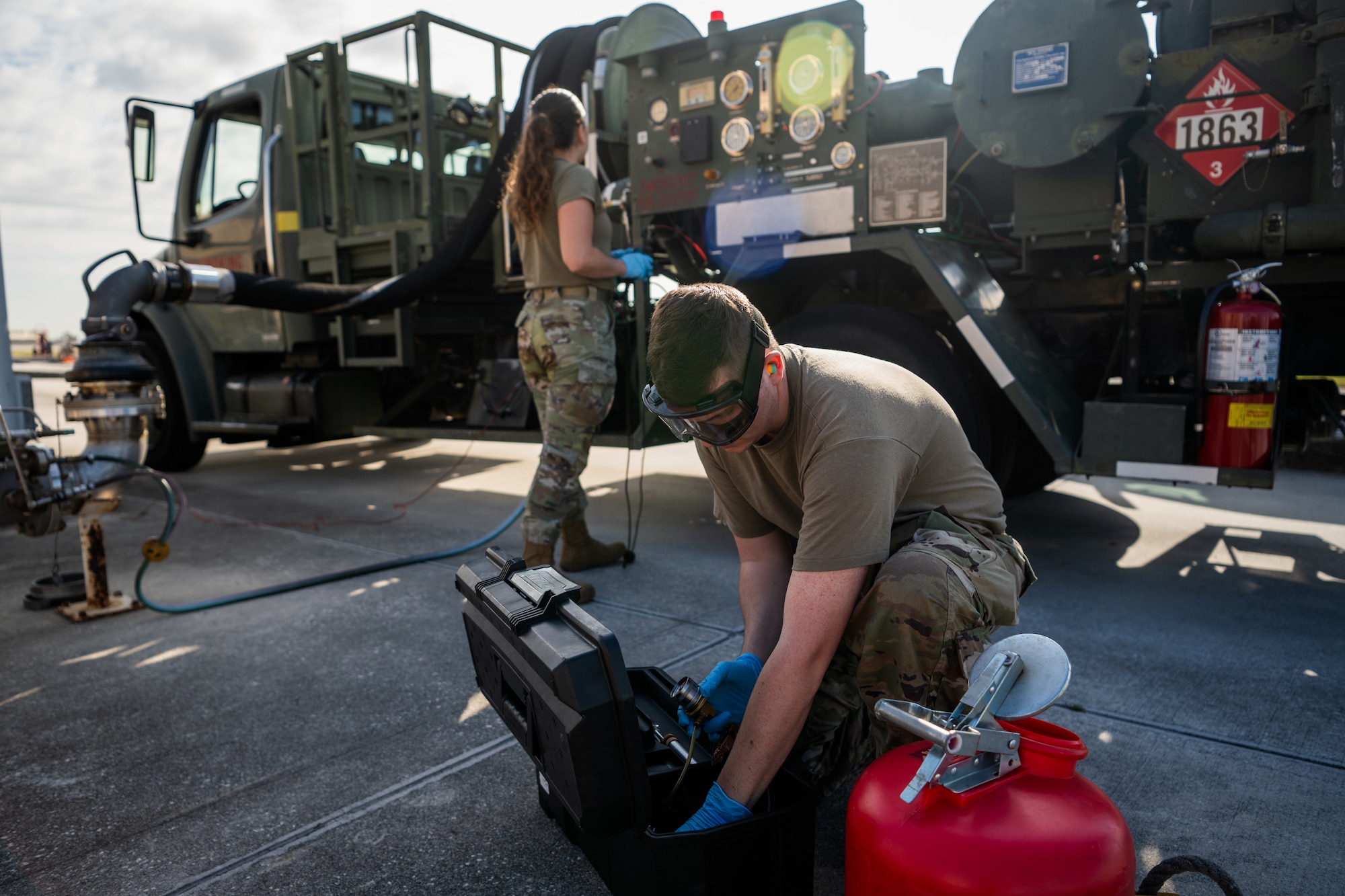 The test certifies the 6th LRS POL flight’s capability to perform hot pit refueling with their R-12 refueling truck. (U.S. Air Force photo by Senior Airman Zachary Foster)